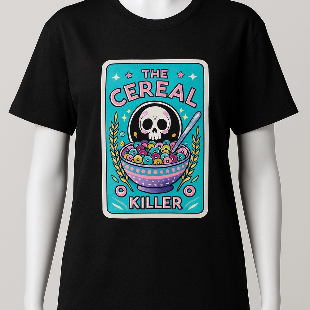Black Graphic Tee with Cereal Killer Design Gothic Funny Tarot Mystic